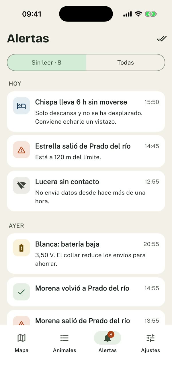 App alert list: not moving, out of zone, no contact and low battery