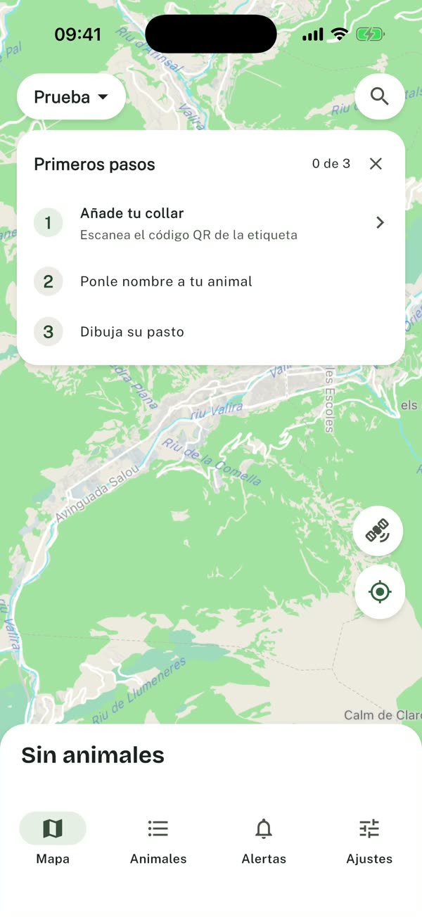 The app’s “First steps” card: add your collar, name your animal, draw its pasture