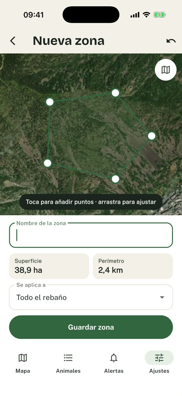 Drawing a zone on the satellite map, with its area and perimeter